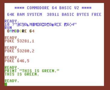 Commodore 64 screenshot demonstrating the use of POKE statements to change colour settings.