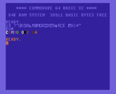 Commodore 64 screenshot showing how control codes affect the colour of printed text.