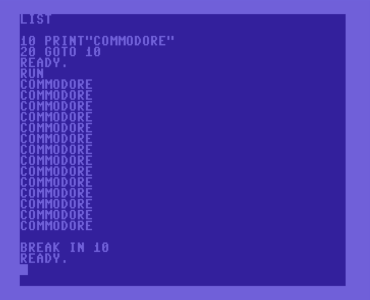 Commodore 64 screenshot, displaying output of an endless loop.