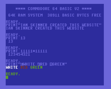 Commodore 64 screenshot, displaying the immediate-mode PRINT statements outlined in the text.