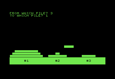 Screenshot of a Towers of Hanoi puzzle, with one disk in motion between two piles.