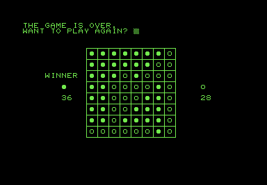 Screenshot of a game of Reversi, finished with a full board.