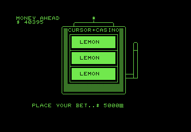 Screenshot of a PETSCII slot machine showing three lemons. Big payout!