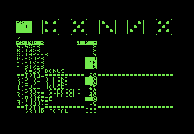 Screenshot of a Yahtzee scorecard and five PETSCII dice.