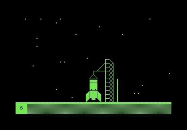 Screenshot of PETSCII rocket on a launch pad.