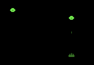 Screenshot of a PETSCII turret at the bottom of the screen, and two PETSCII aliens near the top.