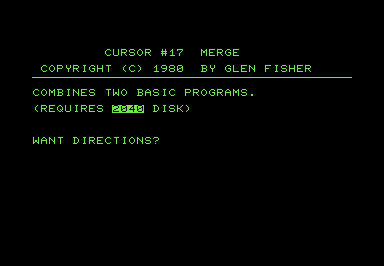 Screenshot of the title screen of a BASIC program merge utility.