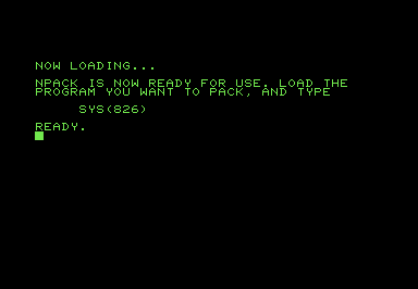 Instructions for the NPACK utility: NPACK is now ready for use. Load the program you want to pack, and type SYS 826.
