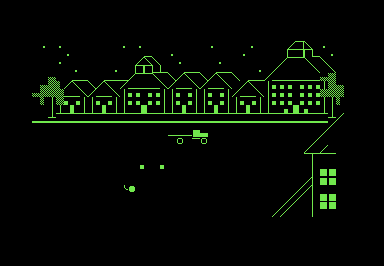 Screenshot of a row of houses and a small truck drawn in PETSCII.