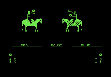 Screenshot of two knights with lances and shields on horseback, drawn in PETSCII.
