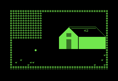 Screenshot of a farm field with sheep and a barn, drawn in PETSCII.