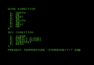 Screenshot of text inputs, asking the user for wind speed and current cloud cover.