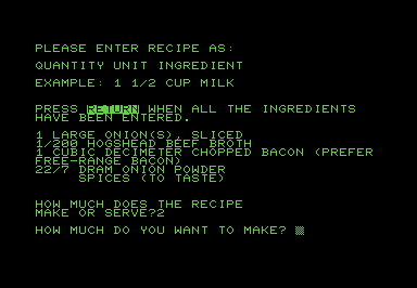 Screenshot of a data-entry screen for a recipe program.