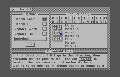 Screenshot of geoSpell, unable to verify that the word 'marches' is spelled correctly.