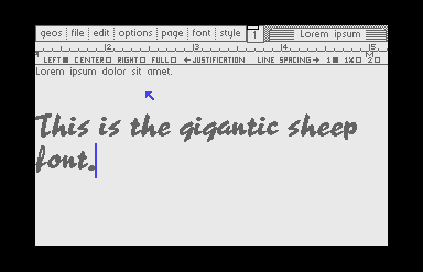 Screenshot of a geoWrite document containing the words: Lorem ipsum dolor sit amet. This is the gigantic sheep font.