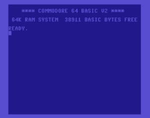 Commodore 64 boot screen, displaying the words 'Commodore 64 BASIC v2. 64k RAM system;
38911 BASIC bytes free. Ready.' followed by a block cursor.