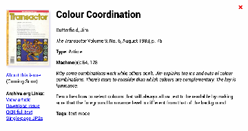 A search result from the Commodore 8-Bit Magazine Index,
displaying details of an article by Jim Butterfield.