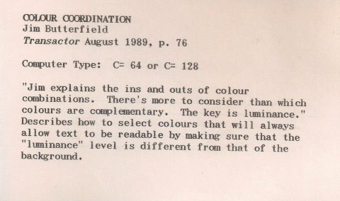 An index card, printed with the details of an article by Jim Butterfield.
The alignment of the text is slightly off-kilter.
