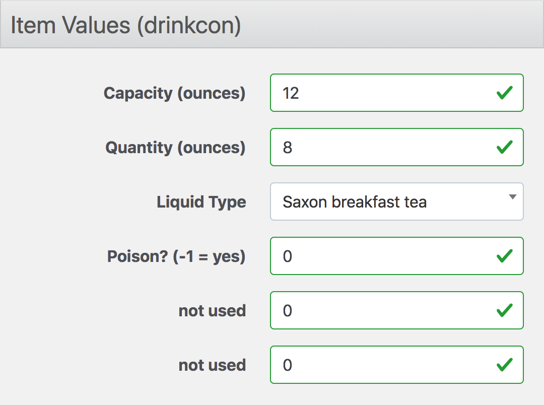 Screenshot of the object value fieldset for editing a drink container.