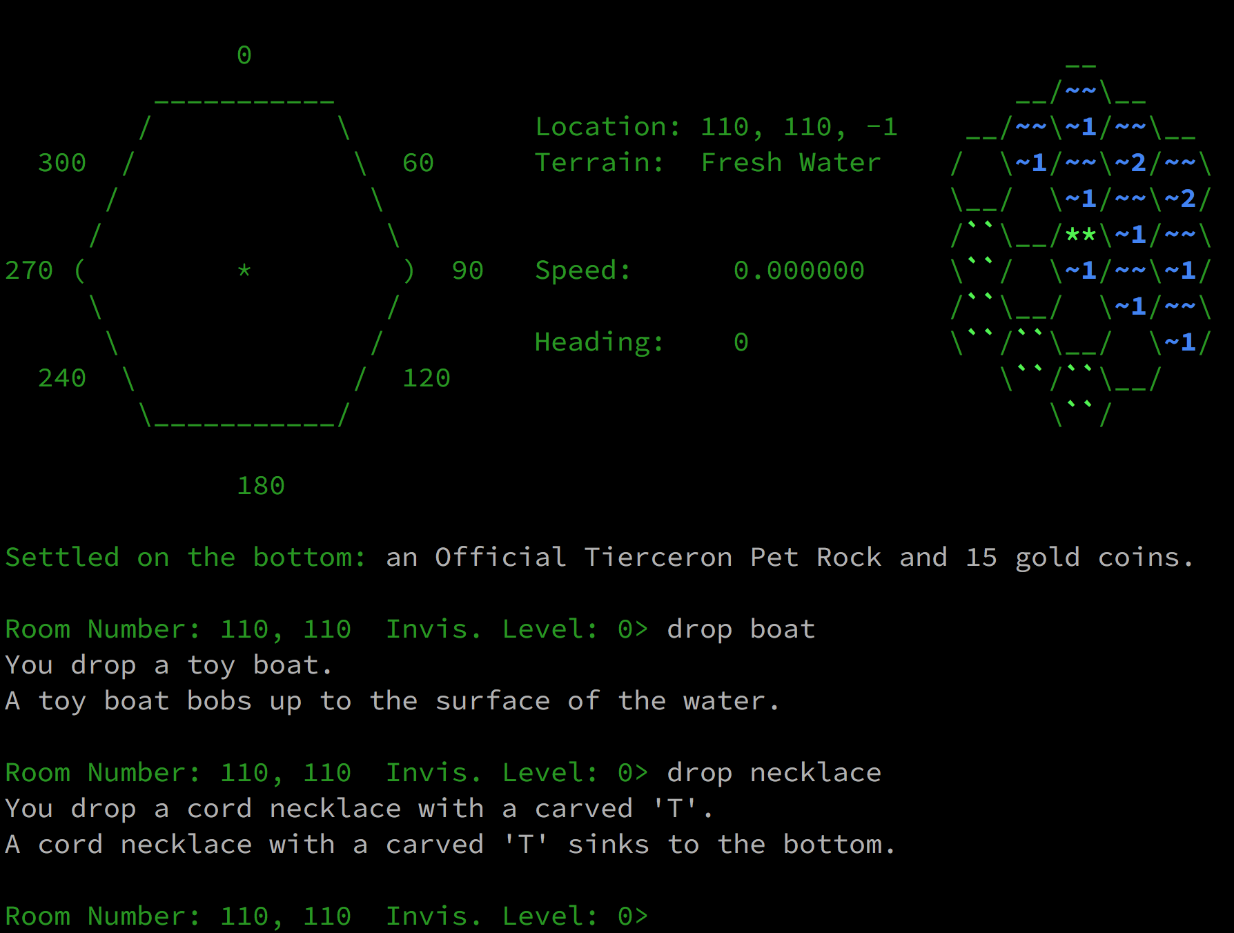 Screenshot of Covenant MUD gameplay. A toy boat is dropped into the water and floats. A necklace is dropped into the water and settles on the bottom.