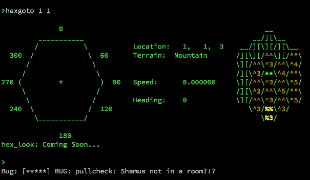 Screenshot of a Covenant MUD runtime error message: 'BUG: pullcheck: Shamus not in a room?!?'