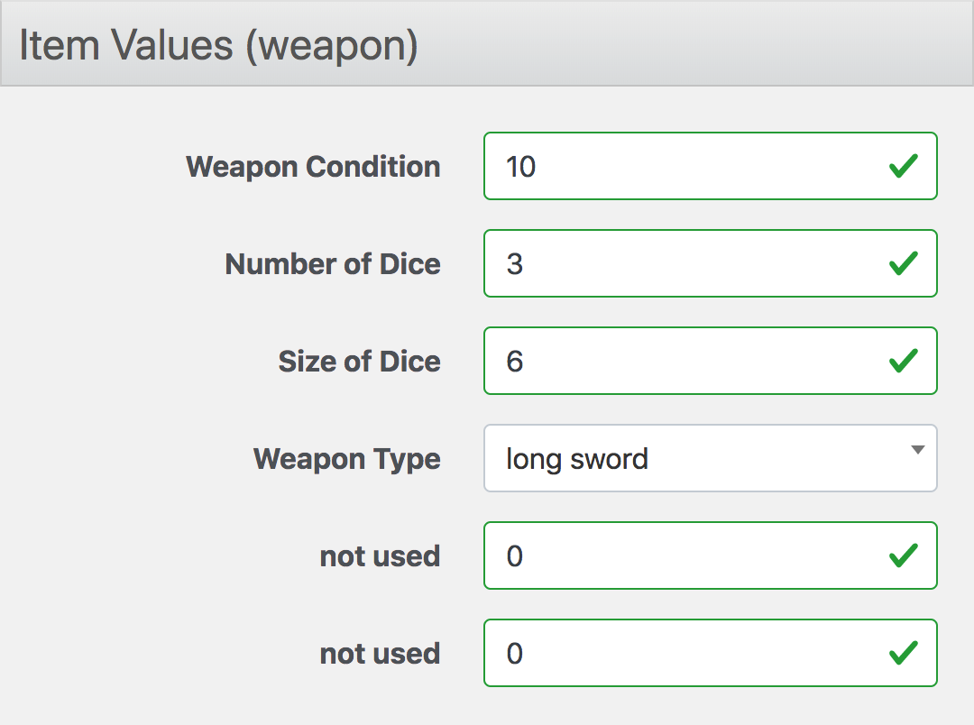 Screenshot of the object value fieldset for editing a weapon.