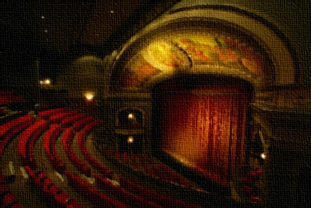 Oil painting of an ornately theatre stage and seating.